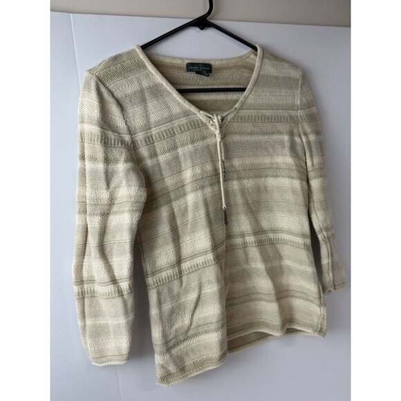 Ralph Lauren Women Sweater Sz XS Cotton Beige Striped 3/4 Sleeve Pullover - Picture 2 of 6